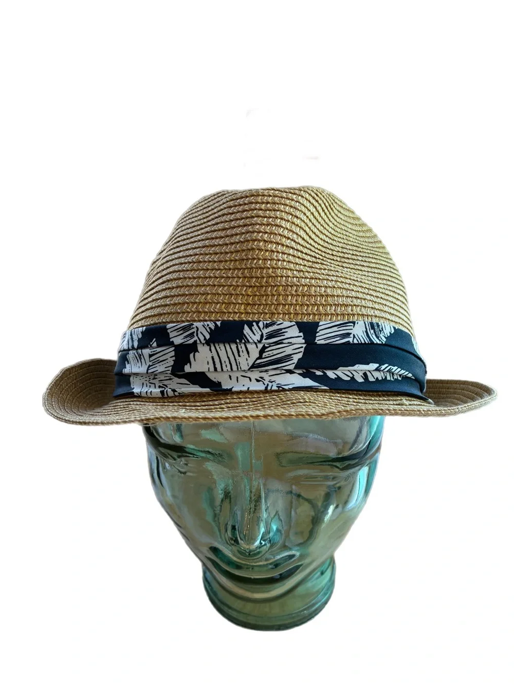 American Eagle Woven Straw Fedora Trilby Hat Navy Leaf Band L/XL Vacation Tropic